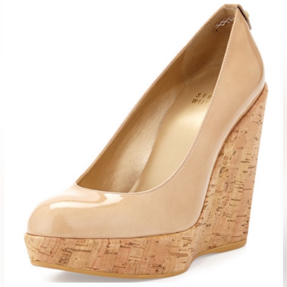 STUART WEITZMAN Corkswoon Patent Adobe Wedges EUC